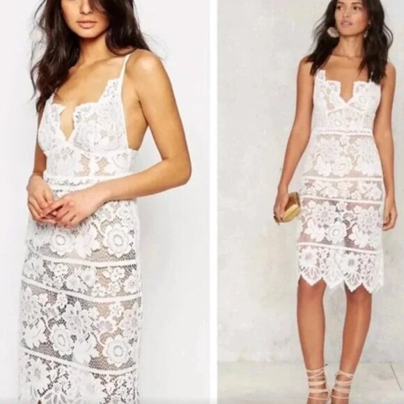 For Love and Lemons Lace Sheer White Midi Dress Size M - Picture 2 of 5